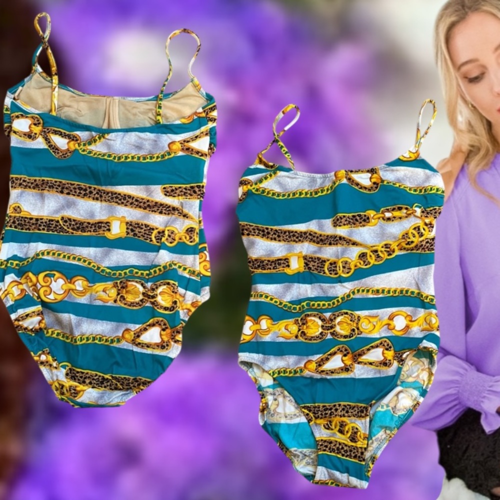 Stylish Women's One Piece Swimsuit - Teal and Gold